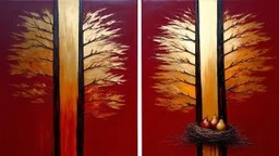 Diptych painting, two vertical panels, rich crimson red background. Abstract landscape, divided into sections with muted gold/tan elements. Vertical, dark, stylized tree forms dominate each panel, with varied brushstrokes creating texture. Small, realistic pears are placed on the lower right panel. One panel includes an abstract bird’s nest, a central light ochre area. Faint shapes resembling silhouettes of hills or mountains are seen in two upper sections. Soft, diffused light suggests a contem