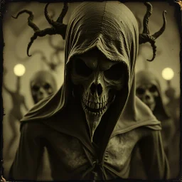 Daguerrotype close up of some mysterious figures, odd background, cinematic, Hieronymus Bosch, Max Ernst vegetal life, rotten, ambient light, cry