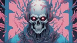 a close up of a person with a skull on their head, blue and black colors, anime skull portrait man, scary detailed art in color, hiroyuki-mitsume takahashi, nychos art aesthetic, half man half skeleton, anime cyberpunk art, colored manga art, rossdraws pastel vibrant, hot colors. insanely detailed, beautiful anime portrait, stunning anime face portrait, scary art in color