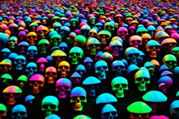 a field of 1000s of psychedelic psilocybin induced anatomically correct, skulls, vivid RANDOM BRIGHT neon colors, dark comedy, well lit, high detail, photorealistic, horrorcore, fun, scary, none featured, each a different color or hue,