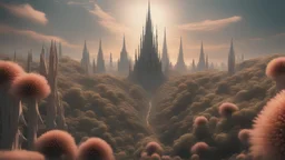 4k, Photorealism, hyper realistic, Stretching as far as the eye can see, a mesmerizing techno-organic landscape unfolds. Towering terraforming spires, crowned with intricate arrays, punctuate the horizon. Pulsating with a gentle luminescence, these towers channel energy into the very earth, causing flora and fauna to intertwine with gleaming biomechanical tendrils. Amidst this symphony of nature and technology, a harmonious ecosystem thrives, where the boundary between the organic and synthetic