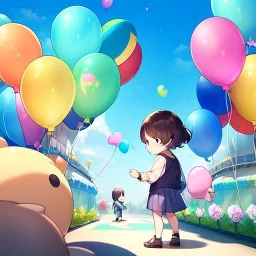 yound anime child letting go of a balloon, looking up into the sky at the balloon