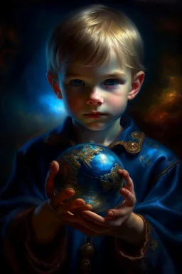 book cover illustration, oil painting portrait of metallic sleeping slightly cute smirking innocent blue eyed vampire holding small earth on a platter in one hand, bokeh , high detail, smooth render, prize winning, down light, depth of field, aura