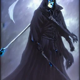 The grim reaper in human skin in the style of FATE STAY NIGHT by TYPEMOON, Anime Key Visual, Deep Color, Intricate, 8k resolution concept art, Natural Lighting, Beautiful Composition head and shoulders portrait, 8k resolution concept art portrait by Kentaro Miura, Alphonse Mucha dynamic lighting hyperdetailed intricately detailed Splash art