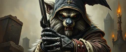 master oil painting with some air brush, fluffy human thief hyena merchant sailor priest realistic and creepy, with gauntlets , straight from the lich lab, in the style of Escher and Titian