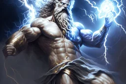 Detailed and realistic illustration of Greek god Zeus holding holding lightning.