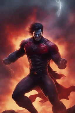 Kit Walker aka the Superhero known as THE PHANTOM, Strong, athletic physique, action poses, battle scars, blood, foggy, cloudy background, multicolored lightning, flowing lava, Full Eclipse, aliens, explosions, bright, vibrant, extremely colorful, detailed, blood red skies