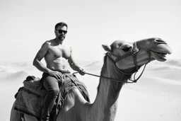 man looking like Walter White, with bare chest riding on a camel in sahara in desert, panorama, black and white photo