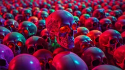 a field of 1000s of psychedelic psilocybin induced anatomically correct, skulls, vivid RANDOM BRIGHT neon colors, dark comedy, well lit, high detail, photorealistic, horrorcore, fun, scary, none featured, each a different color or hue, close to anatomically correct