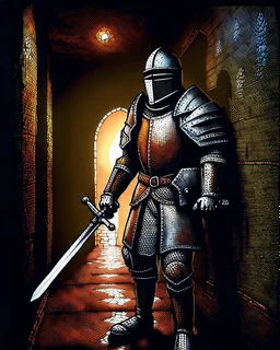 A frightening castle dungeon hallway with an knight warrior in rusty chainmail holding a zweihander painterly rpg art