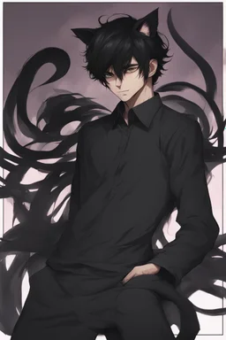 An adult man with messy black hair, large black cat ears and tail