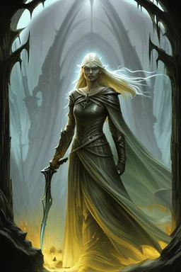 Galadriel strode into the midst of the filthy orc host, golden hair flowing around her like a mantle of light. Her gleaming blade flashed in the gloom of the dank cave as she cut a swath through the foul creatures. Black blood spurted from severed limbs and clove heads. Orcs shrieked and fled before her terrible form - the wrath of the Eldar kindled to white-hot flame.