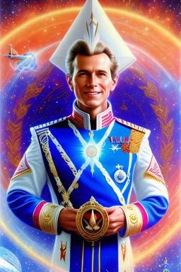 young cosmic man admiral from the future, one fine whole face, large cosmic forehead, crystalline skin, expressive blue eyes, blue hair, smiling lips, very nice smile, costume pleiadian,rainbow ufo Beautiful tall woman pleiadian Galactic commander, ship, perfect datailed golden galactic suit, high rank, long blond hair, hand whit five perfect detailed finger, amazing big blue eyes, smilling mouth, high drfinition lips, cosmic happiness, bright colors, blue, pink, gold, jewels, realistic, real