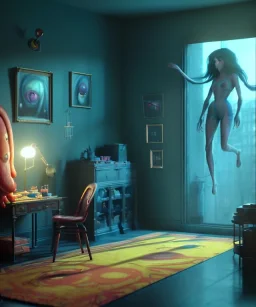 Ultra Realistic Room image with big sweet monster, Kandinsky artist style, long hair, highly detailed, unreal engine 5, RTX, ultra detail, volumetric lighting, finely drawn, high definition, high resolution.