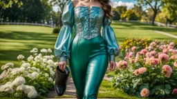 fullbody close up of girl makeup wearing a dark green-silver victorian top and pants and pretty boots walking in moder city of 2040 park ,flowers ,pretty clouds in blue sky,city escape.