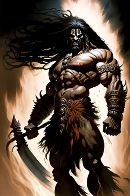 A towering and formidable figure emerged from Indian mythology displaying breathtaking bulges of rippling muscle his long flowing locks cascading like dark waterfalls down his broad back his fierce and menacing visage portraying a seething anger that seemed to smolder like embers within his soul wielding with effortless power a mighty and deadly axe his weapon of choice for rending enemies limb from limb, Fantasy art, Digital painting, Highly detailed, Sharp focus, Intricate, Dark lighting, Tren