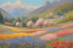 sunny day, mountains, flowers, tourism influence, rocks, spring, k-pop videoclips influence, fantasy, korean landscapes influence, anna boch, and otto pippel impressionism paintings