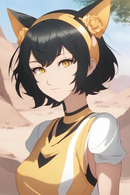 Young woman with short, black hair and cat ears. vivid gold eyes, tight shirt, short shorts,smirking, desert background, RWBY animation style