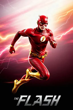 1/4 side view, looking at the viewer, Movie Poster - "THE FLASH" - An athletically built muscular, 7'8" tall man, ((skintight, formfitting, long-sleeved, red spandex bodysuit:1.5)), ((gold knee-high boots:1.5)), ((gold wrist gauntlets, red fingerless gloves, gold, double holstered utility belt:1.5)), ((skintight, formfitting, red spandex helmet with red eye disguise,:1.5)), Glowing eyes, Running in the speedforce with multicolored lightning emanating from his body
