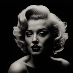 dark photo, Marilyn Monroe portrait extreme close-up, frontal, facing the camera, vignette, highly detailed, moody, epic, gorgeous, film, atmospheric haze, dynamic lighting, award-winning photography, black and white photography