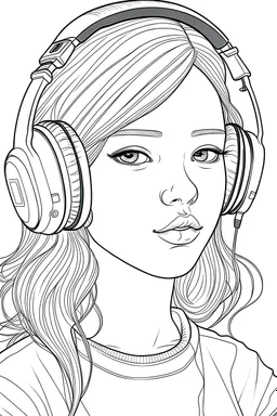 Outline art of a sweet girl with headphones