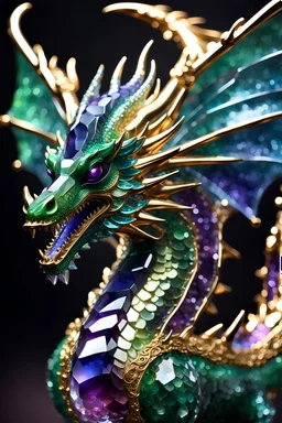 a beautiful large crystal dragon statue, regal, award winning sculpture, artistic, creative, wow, beautiful, hyper realistic, bokeh, made of small shiny slabs of slightly opaque jade with brilliant multicolored emerald and sapphire and amethyst set on fine gold filigree, vray render, amazing craftmanship, very dark and saturated colors