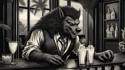 A werewolf drinking a Pina Colada at Trader Vic's. He is well dressed and his hair is combed immaculately. Illustration.