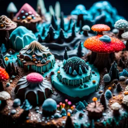 Close-up photograph of detailed creepy landscape made of cake-frosting, crystallizations, figure, animals, fungi, crystals, mineral concretions, sun, Amano, Roger Dean, strong texture, intricate, colours, Max Ernst, rich moody colors, bokeh, 33mm photography