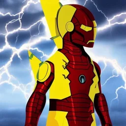 portrait of Pikachu wearing iron man suit highly detailed stormy background