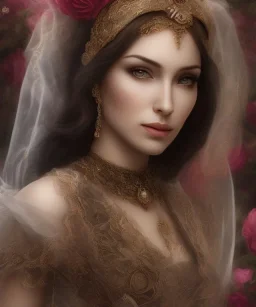 muslim, portrait borders veil head Princess, long hairs black eyes no top with roses, prayer, full body, 8k resolution