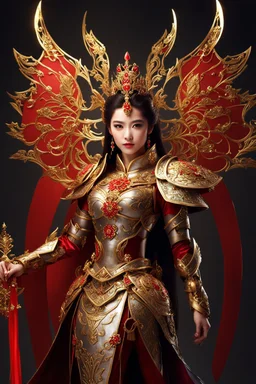 Realistic photography,front_view, Beautiful Queen fairy super model Chinese Woman, brown hair,dressing luxury party gown,looking at viewer,traditional dress ornaments mechanical armor china traditional, intricate armor, delicate golden shine bright, black metalic parts, detailed part, jewelry diamonds,dynamic pose,abstrac background, dynamic lighting, red hour, full body portrait