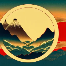 Ukiyo-e styled art, yin and yang sign, mountains and sun