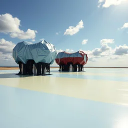 Fotografia di una superficie piatta di colore azzurro chiaro e giallo pastello, su cui si ergono alcuni giganteschime immense enormi strutture di forma indefinita, fatte di materiali vari, ricoperte da materiale plastico argentato, rosso, e nero, che scende a terra. Piet Mondrian, Amano, Max Ernst, Yves Tanguy, James Ensor, George Grosz, paranoic, obsessive, nightmare, aria aperta, sole, nuvole, glossy, surreal, hasselblad h6d400c --ar 85:128 --v 6.