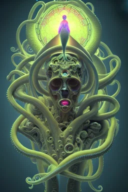 Spiritual being with Tentacles over human Head creating reality around, wrapping Spiral around Human, Psychedelic