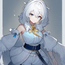 Clear focus, High resolution, rough line sketch art, short fluffy white hair, hair between eyes, fluffy hair, blue eyes, wearing a sleeveless shirt, wearing shorts, detailed outfit, lots of details, bow on belt, white belt, white and blue everywhere on outfit, cut sleeve, yellow chains around outfit