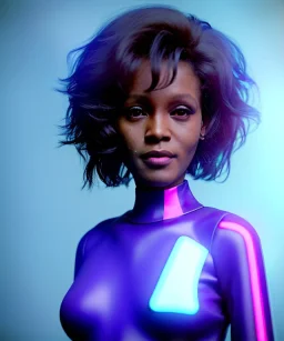 Artist, young Whitney Houston, android woman, sweet, clean skin, short hair, circuits, ghost in the shell, latex coat, feather, cyber punk, neon, bamboo, blood, portrait, studio photo, unreal engine 5, soft color, 16 bit, god lights, ray tracing, RTX, lumen lighting, ultra deatail, volumetric lighting, 3d, finely drawn, hd.