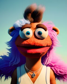 Portrait, hybrid character, waitress woman with monster muppet mask that covers her entire head, retro style, Sesame Street style, smooth, unreal engine 5, god lights, ray tracing, RTX, lumen lighting, ultra detail, volumetric lighting, 3d.