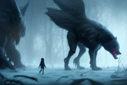 Starvation black monster wolves with red eyes, fight in the ice age Scenery, : concept art::1 cyberpunk::1 splatter paint::1 wide angle lens::2 Zdzislaw Beksinski style, and a little prince boy walks to the Shining Ethereum shape sun, in winter storm, ultra detailed| 4k --v 4