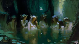 In the heart of a mystical forest, where the veil between reality and imagination is thin, lies a scene of ethereal beauty: The nymphs of the great bathers.