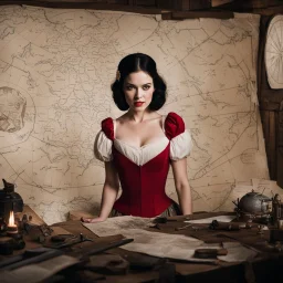 Snow White in flesh facing the camera, in her war map room