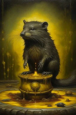 Living cauldron with yellow sigil, slightly demonic beaver oter in it, prize winning oil painting