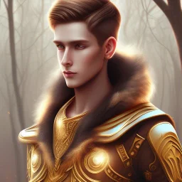 Male, Human, Blond, Sorcerer, Fire Mage, Golden Eyes, Young, Photorealism, Full Body Shot, Forest Background