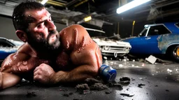 close up photography of a 39 year old dirty burly strong angry stocky turkish mechanics wet sweat, bullneck, short curly beard, short hair manly chest, white boxer, inside a car demolition parking lot, misery and poverty, open legs, photorealistic, look at camera, neon side light, very detailed , view from the ground , ambient occlusion