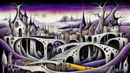 whimsical, weird long thin houses stand in village in weird whimsical landscape with long two bridges, , futur-surreal vibe with abstractions, around surreal cracked painted weird land with dark purple, gray, black, white, brown colors. style of Chagall , of Minjae Lee and Tim Burton, absurd beauty picture. weird bizarre absurd, nightmare, big neuron network background and thin bridges, and abstract shapes, surreal stunning vibe
