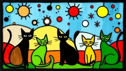 a playful abstract stained glass window in the style of Joan Miró, featuring six minimalist cats made of bold black lines and simplified organic shapes. The composition includes floating eyes, moons, dots, and stars in primary colors — red, yellow, blue — mixed with bright green and black. Each cat is reduced to essential forms: circles, curves, sharp ears, long tails, integrated into a colorful, free-flowing pattern. The stained glass has a modern, light-hearted energy, filled with whimsical sy