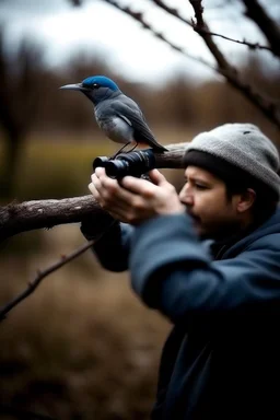 buatkan sebuah gambar seorang fotografer yang sedang memotret seekor burung sedang hinggap di dahan pohon