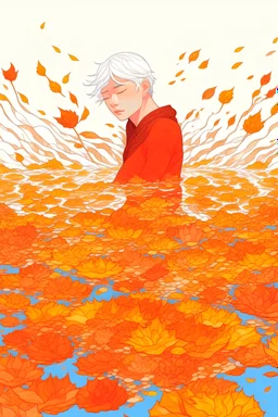 咒语：A white-haired man lies at the bottom of the pool, with burning roses floating on the water,withered, minimalist, widespread red-orange,animated artistic style, gray palette, OShare Kei, light red turquoise and yellow, loose strokes, amber and light gray, accurate painting, Traincore,Korea Wave--a 4:3