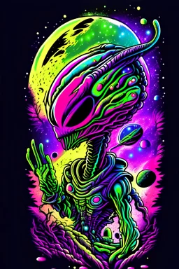 very details alien lost in galaxy background, T-shirt design, streetwear design, pro vector, Japanese style, full design, 8 colors only, solid colors, no shadows, full design, Bright colors, sticker, bright colors