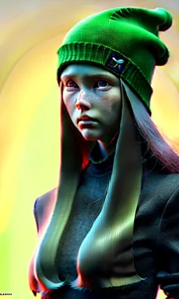 girl, cute, beautiful, long hair, wavy hair, green hair, blue eyes, green beanie, green coat, black tee shirt, head and shoulders portrait, 8k resolution concept art portrait by Greg Rutkowski, Artgerm, WLOP, Alphonse Mucha dynamic lighting hyperdetailed intricately detailed