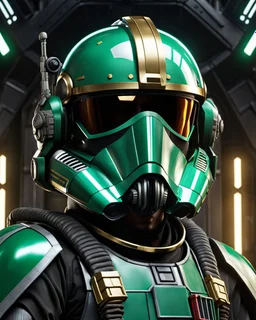 star wars bald male corellian pilot wearing black and bright gasoline green First Order special forces TIE pilot commando armored flightsuit and helmet with gold trim inside the jedi temple, centered head and shoulders portrait, hyperdetailed, dynamic lighting, hyperdetailed background, 8k resolution, volumetric lighting, light skin, fully symmetric details